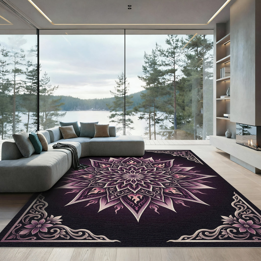 Ornate Plum Lotus Flame Mandala Rug