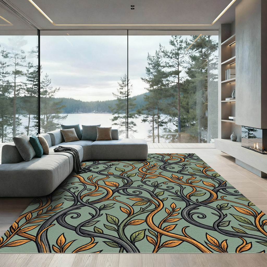 Sage Green Intertwining Vine Leaf Rug