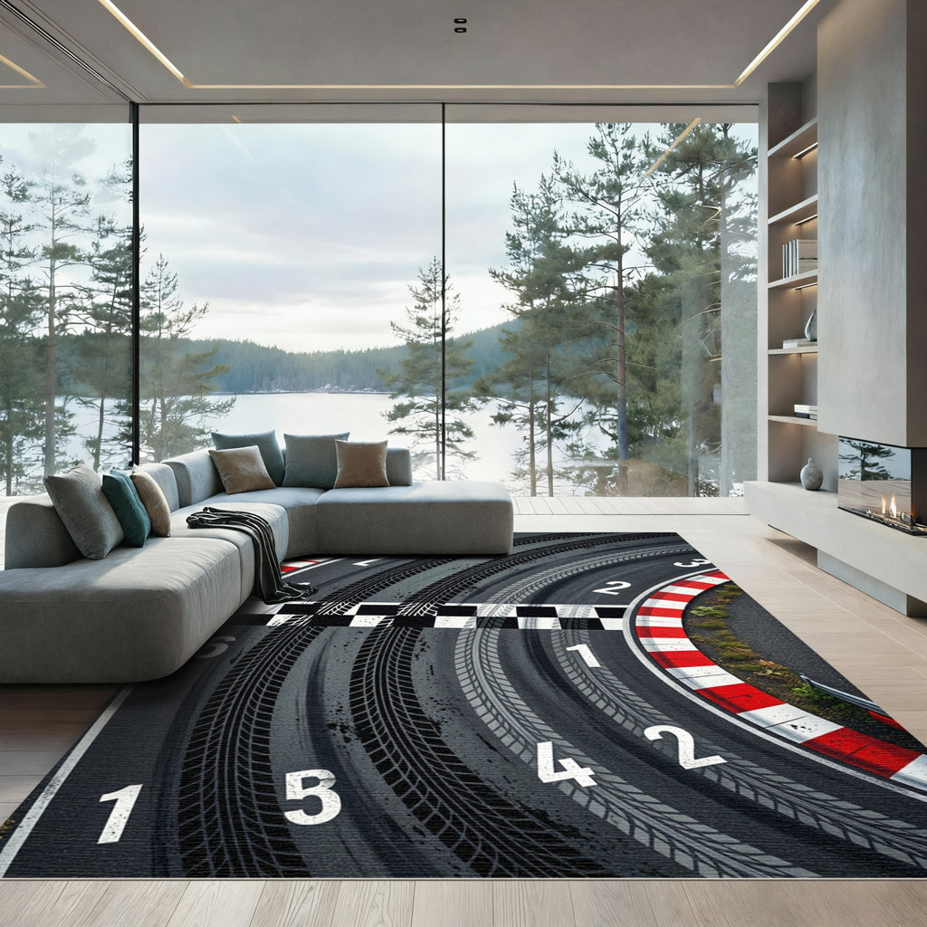 Asphalt Racetrack Monochrome Speed Curve Rug