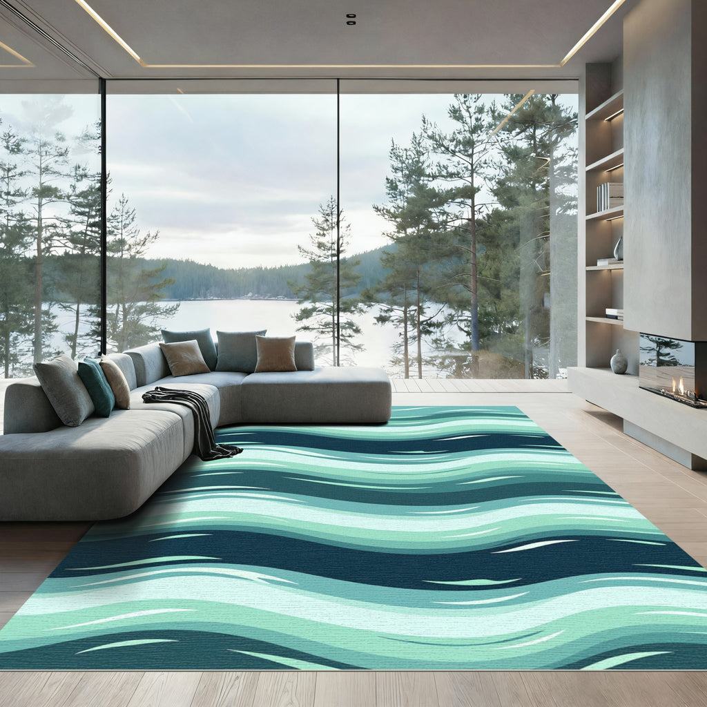 Coastal Teal Abstract Wavy Aqua Rug
