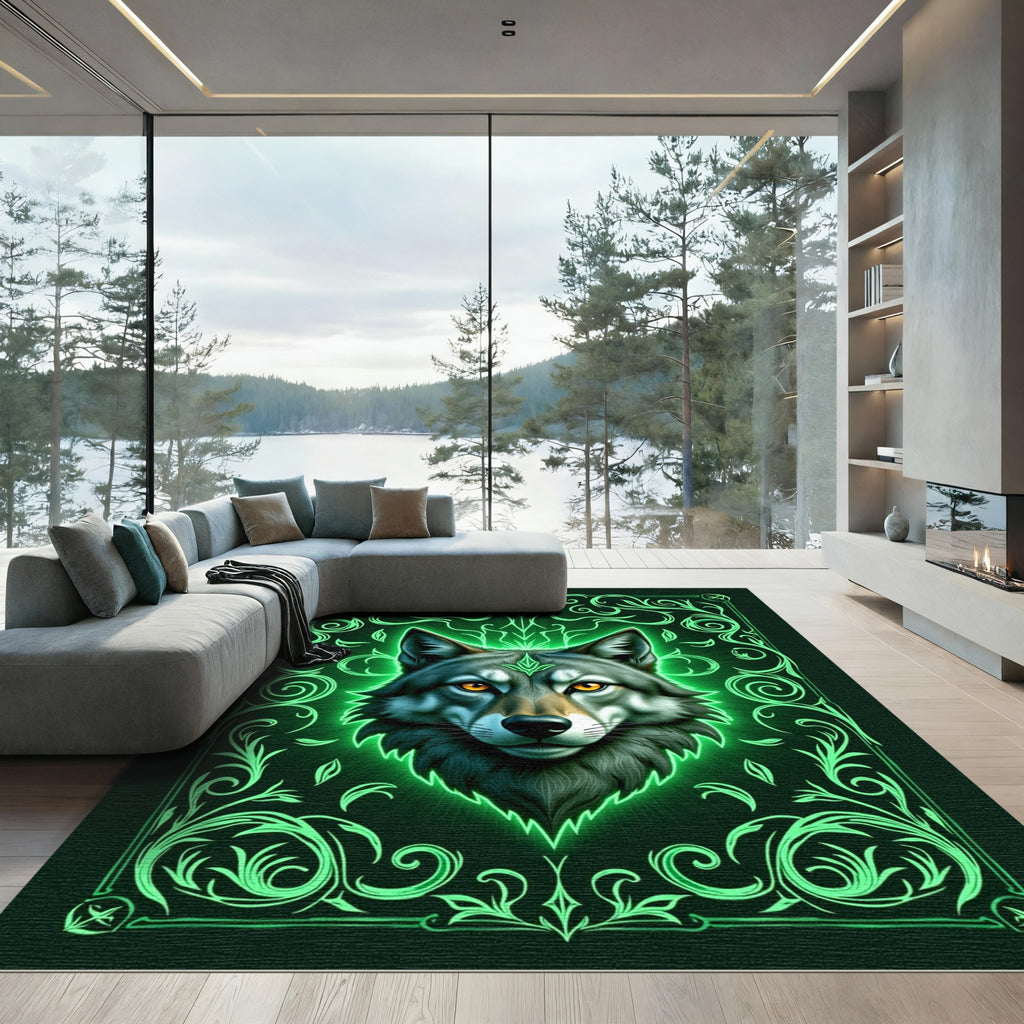 Emerald Neon Wolf Ornate Frame Rug