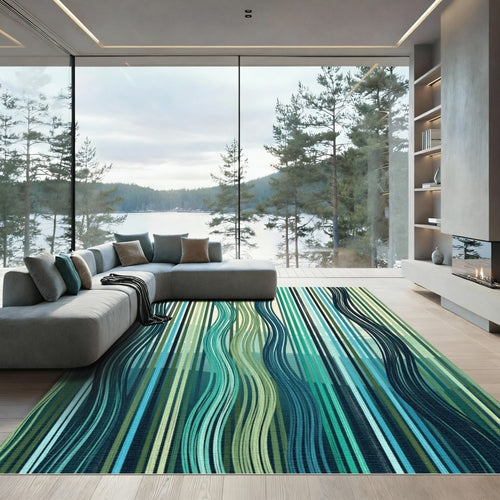 Abstract Teal and Forest Green Linear Wave Rug