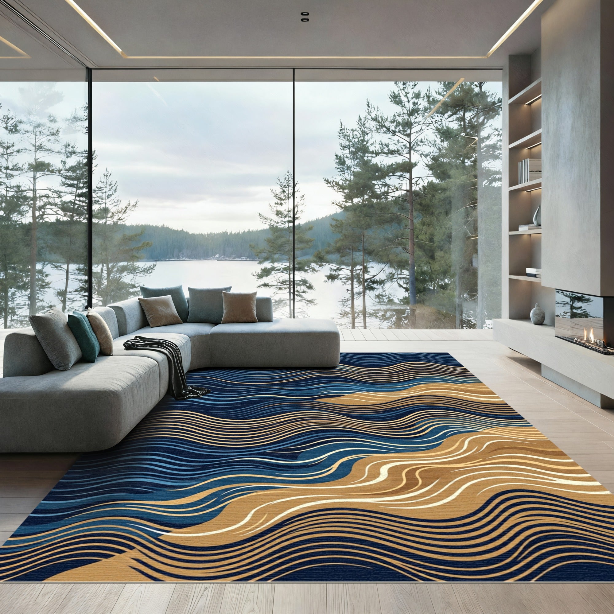Deep Blue Golden Sandy Wave Rug