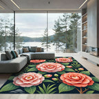 Coral Camellia Floral Dark Botanical Rug