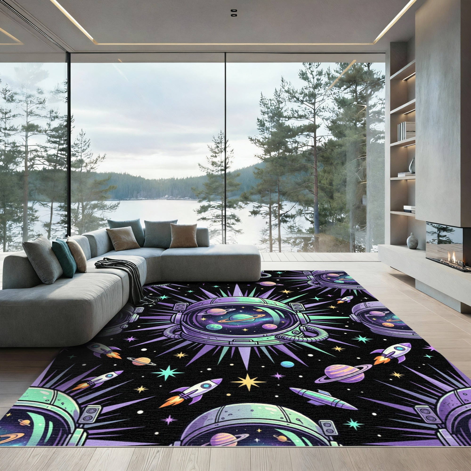 Cosmic Neon Astronaut Galaxy Planet Space Rug