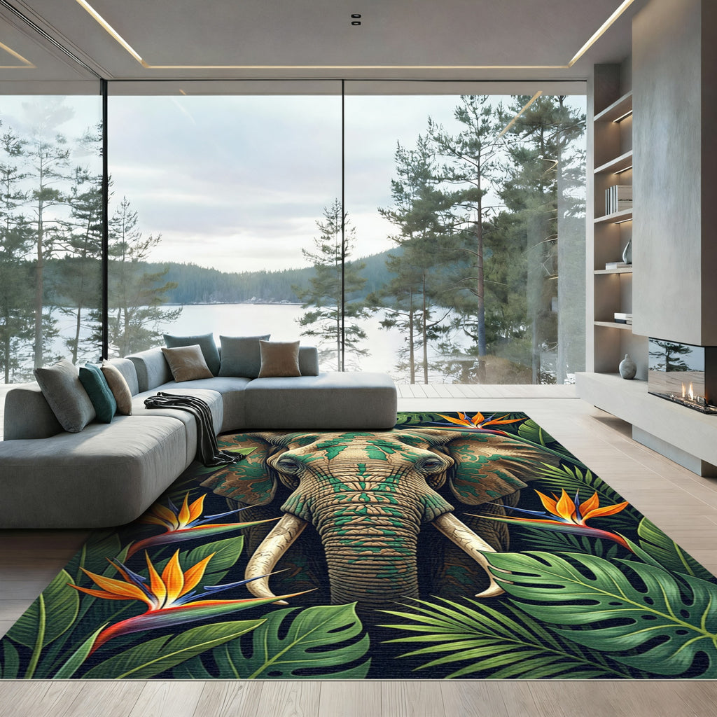 Majestic Elephant amidst Vibrant Tropical Flora Rug