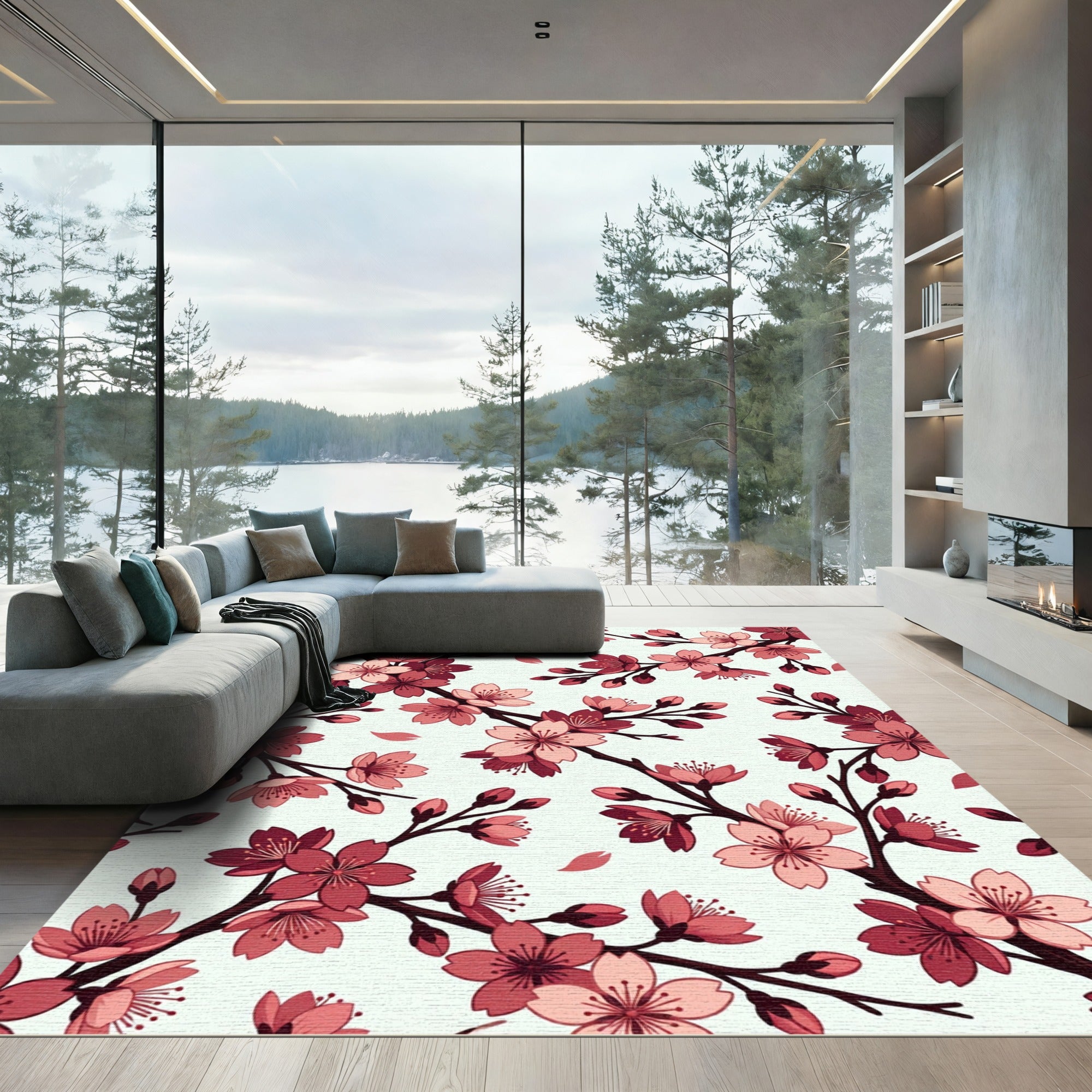 Ethereal Pink Cherry Blossom Branches Rug