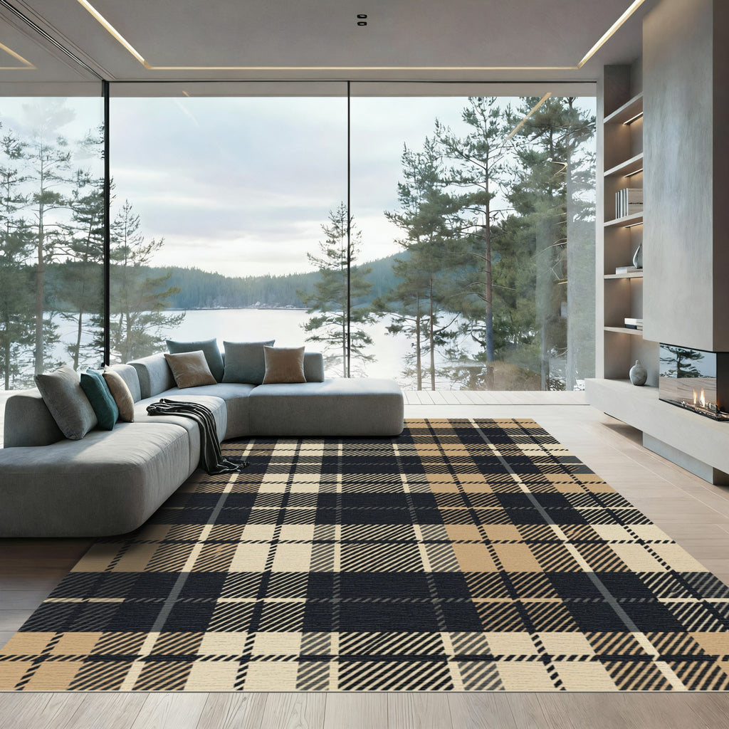 Modern Charcoal and Camel Plaid Rug
