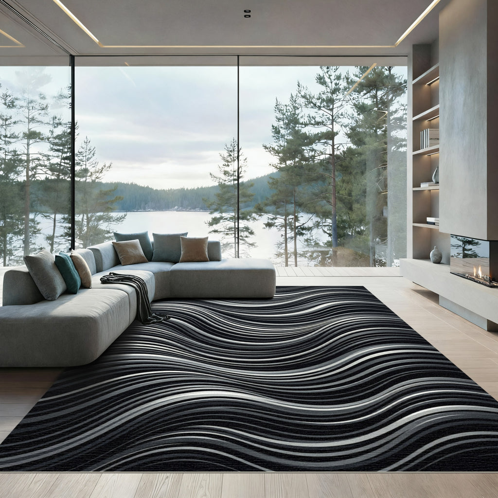 Monochrome Wavy Lines Abstract Liquid Art Rug
