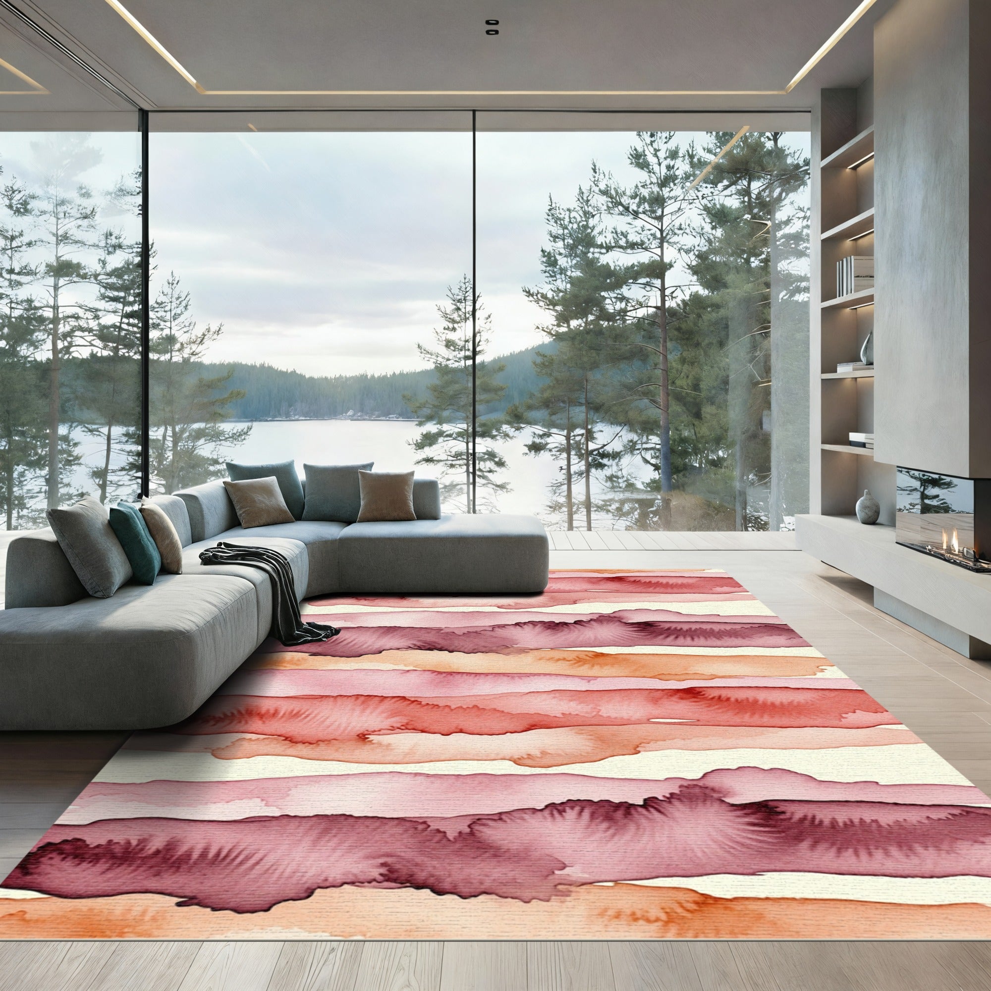 Crimson Red Blush Watercolor Stripes Rug