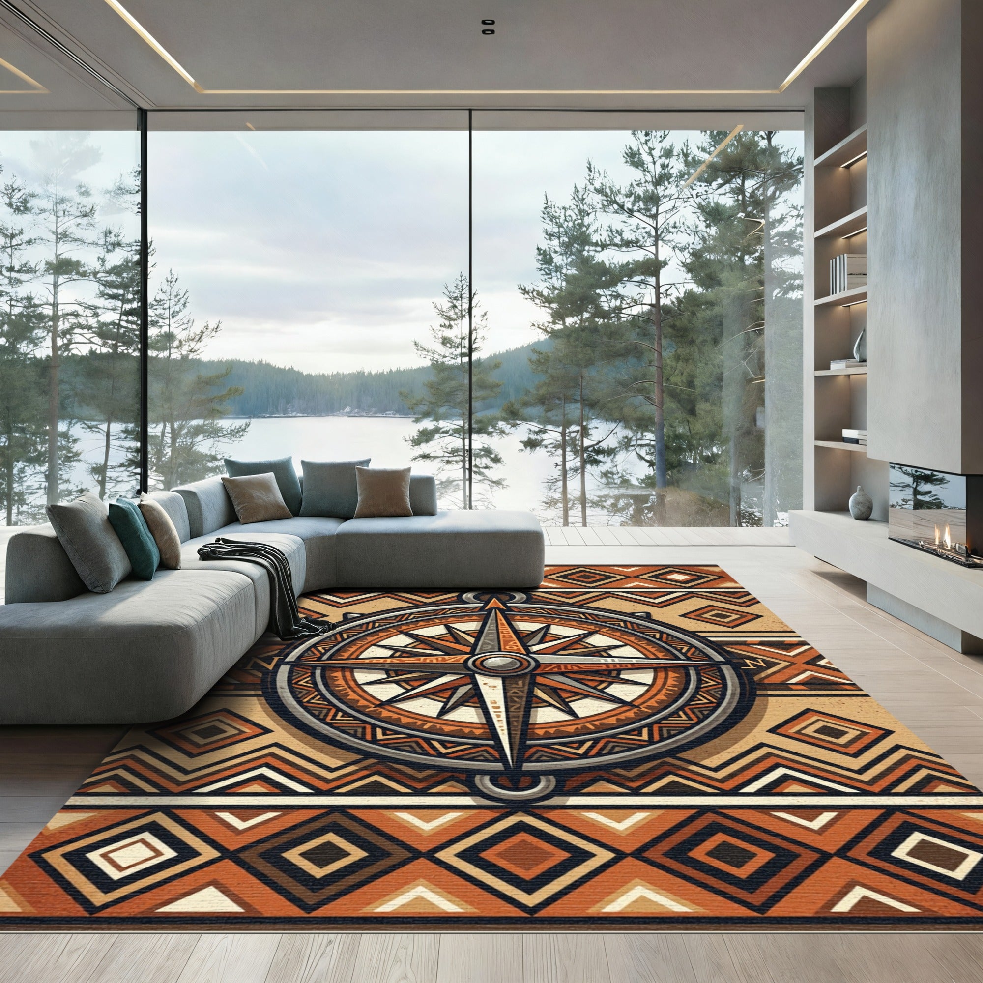 Geometric Earthy Compass Diamond Rug