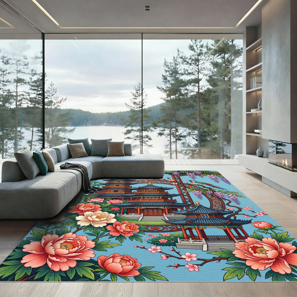 Pagoda Garden Floral Silk Blue Area Rug