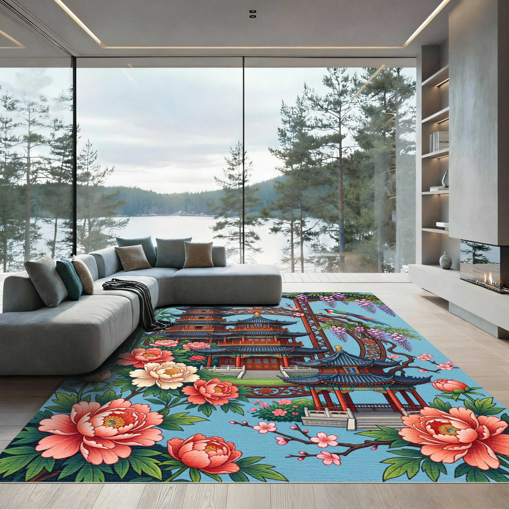 Pagoda Garden Floral Silk Blue Area Rug