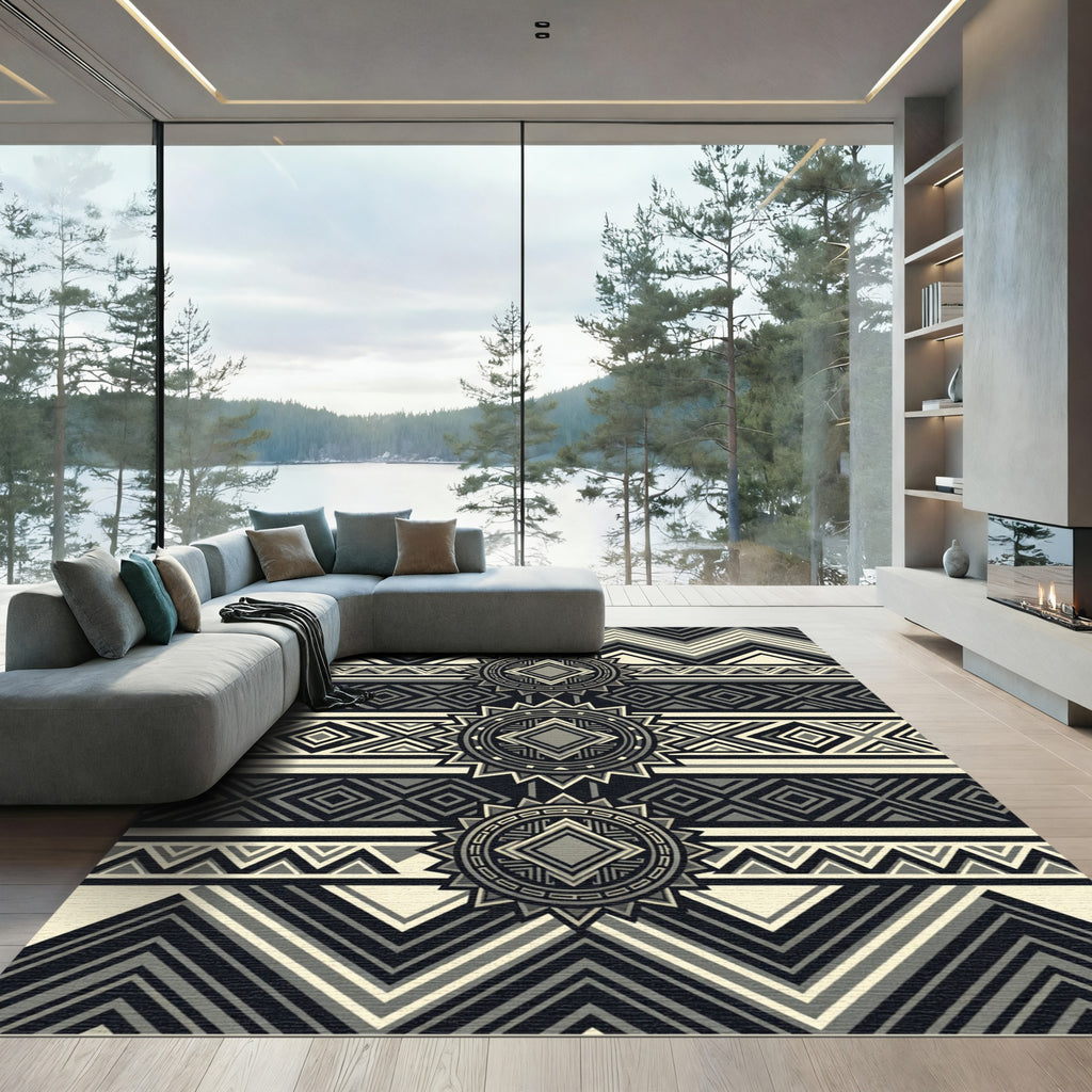 Modern Monochrome Geometric Aztec Medallion Rug