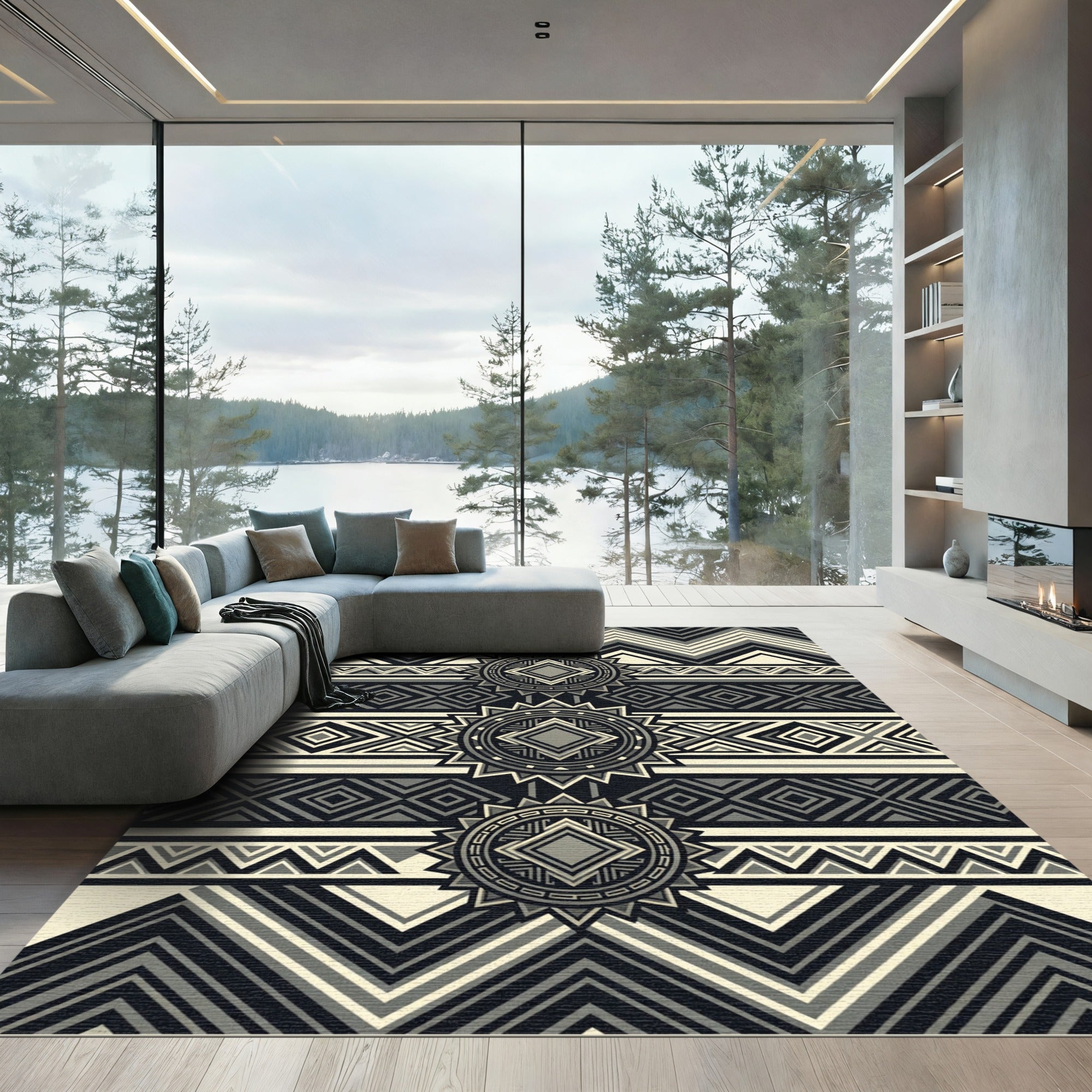 Modern Monochrome Geometric Aztec Medallion Rug