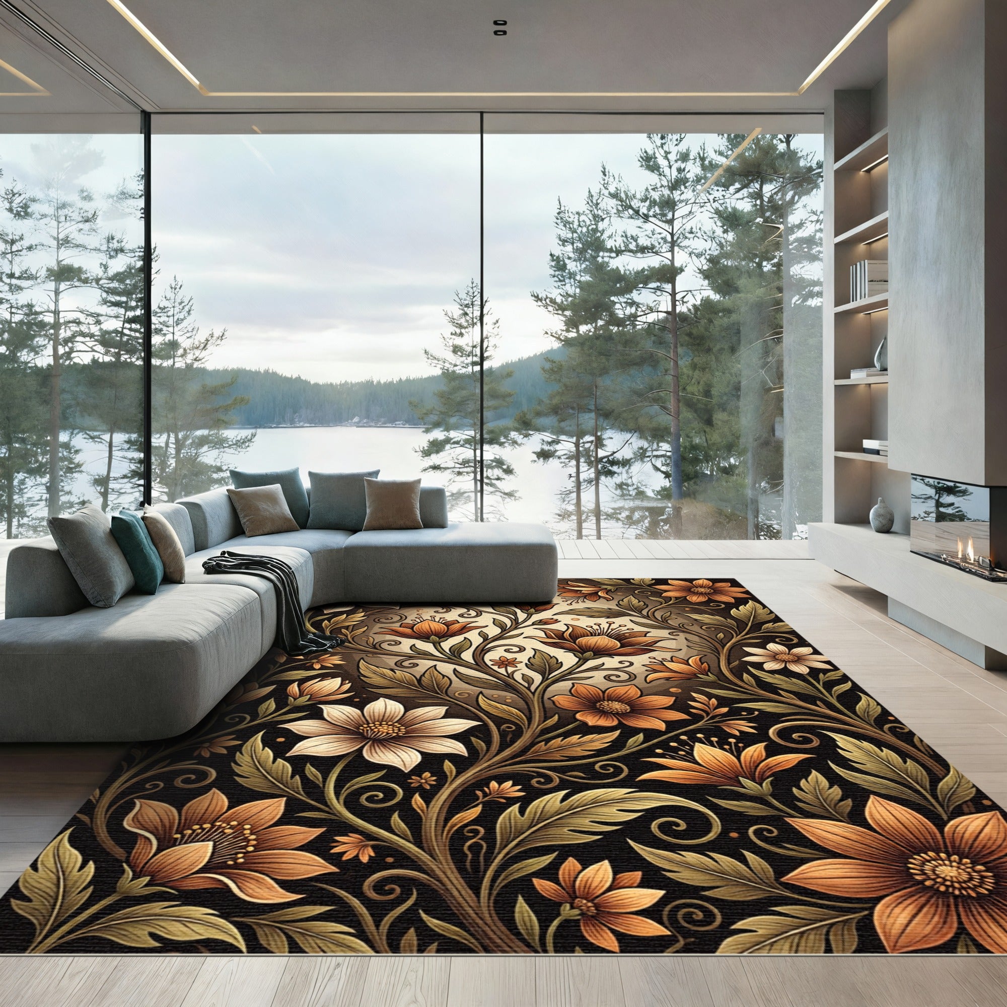 Art Nouveau Orange Floral Vine Rug