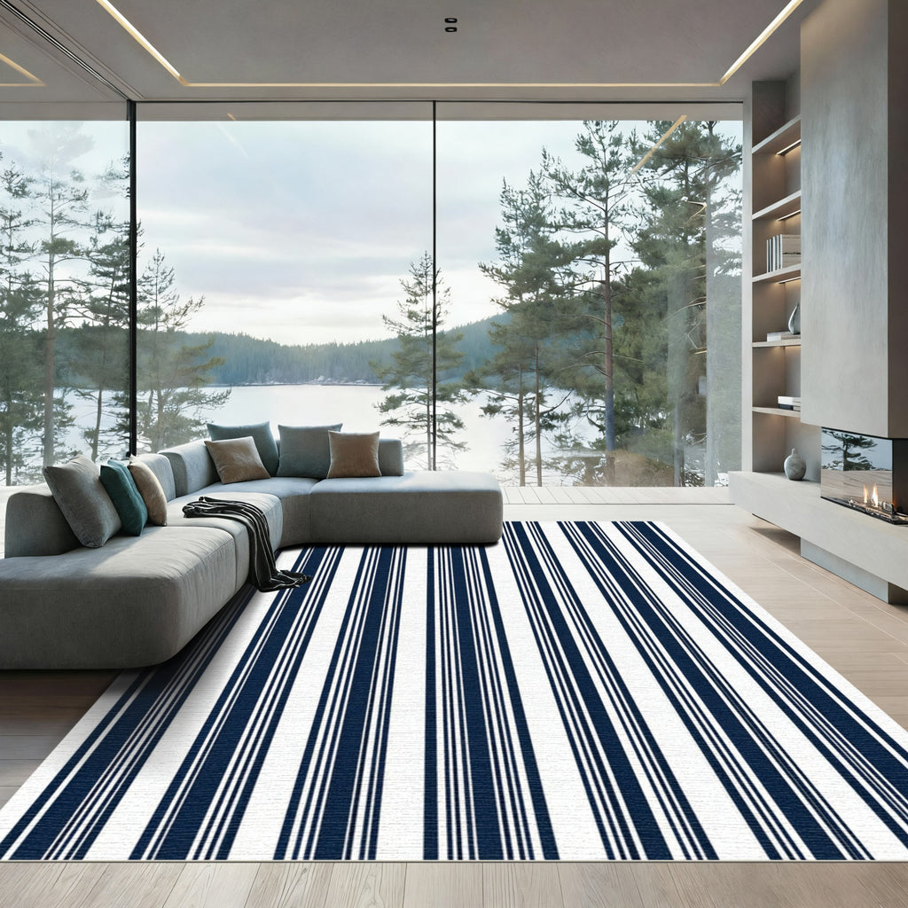 Navy White Vertical Stripe Composition Rug