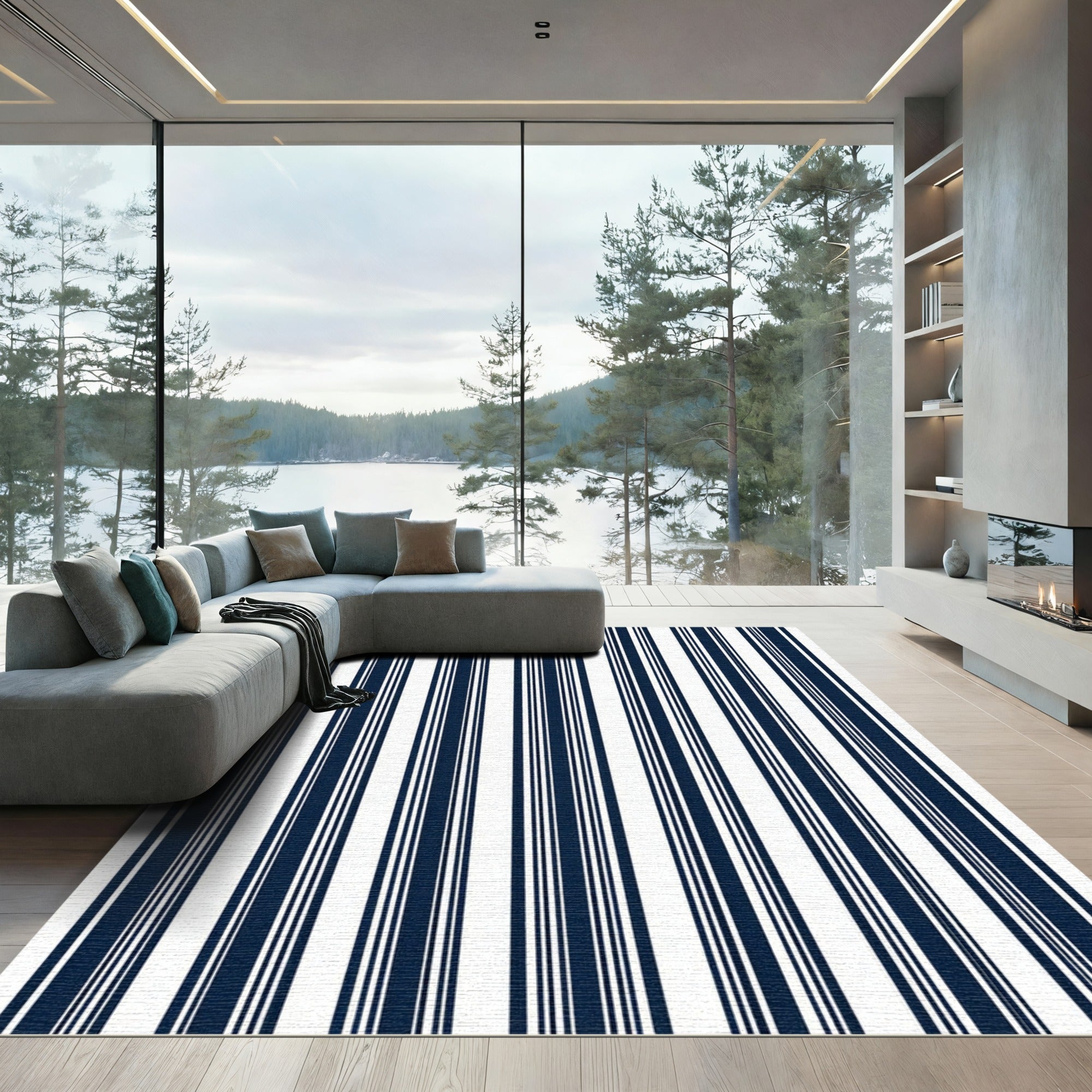 Navy White Vertical Stripe Composition Rug