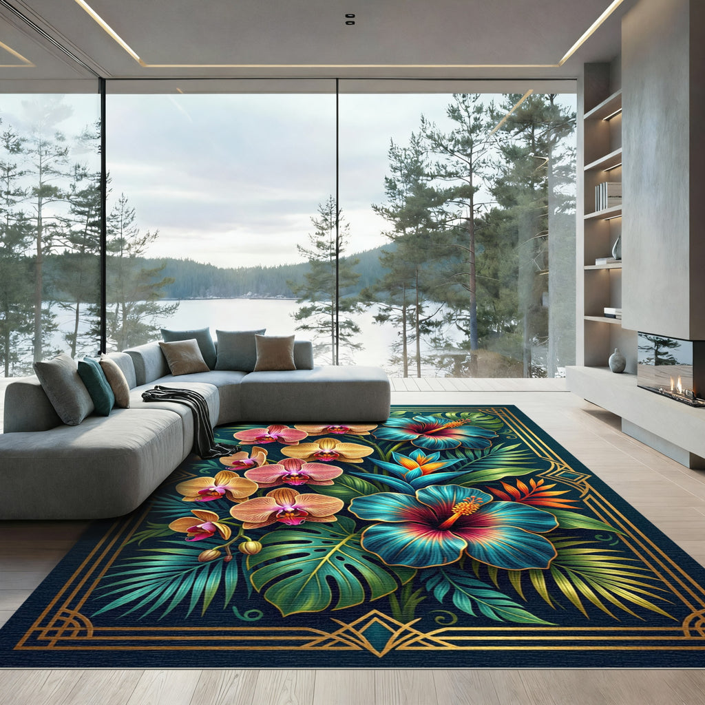 Lush Teal Botanical Tropical Orchid Hibiscus Rug