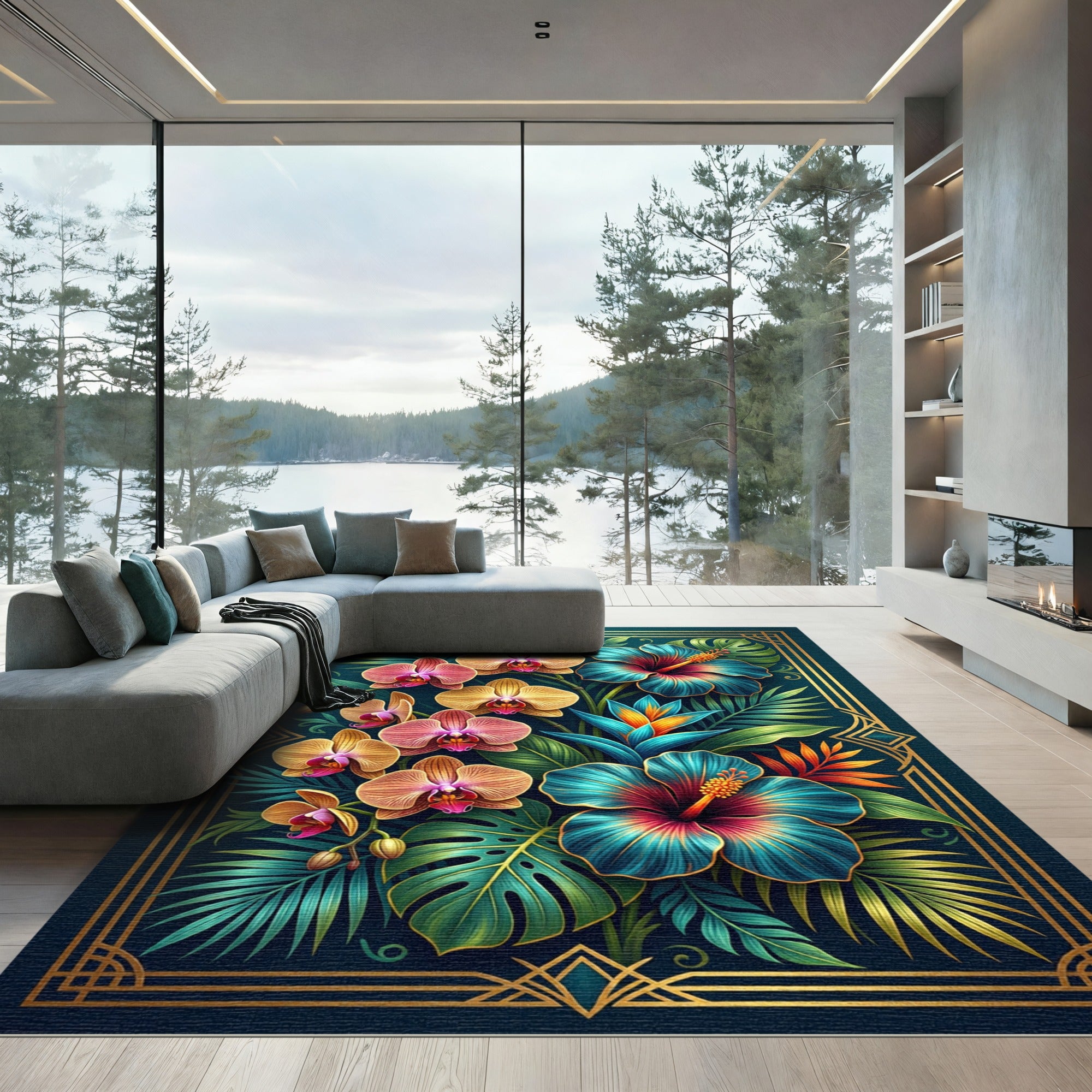Lush Teal Botanical Tropical Orchid Hibiscus Rug