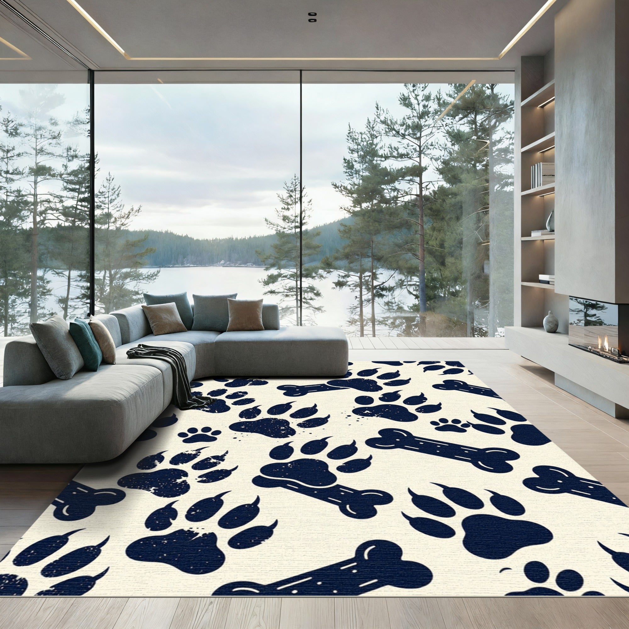 Navy Ink Paw Bone Illustration Rug