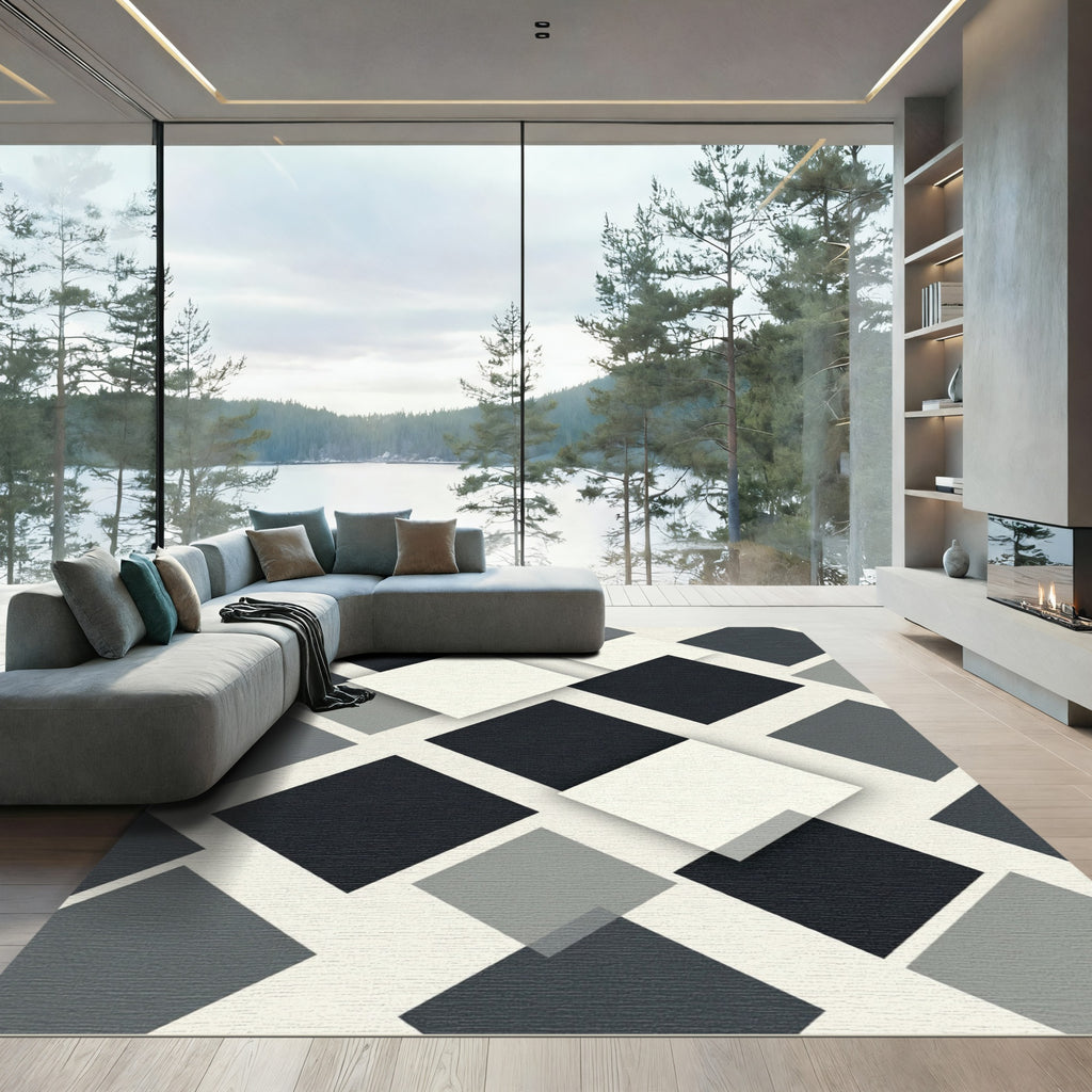Modern Monochrome Geometric Layered Square Rug