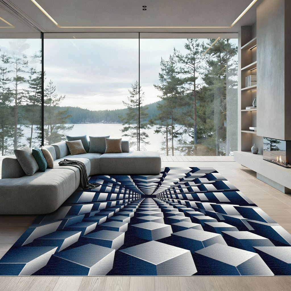 Monochromatic Infinity Geometric Cube Illusion Rug