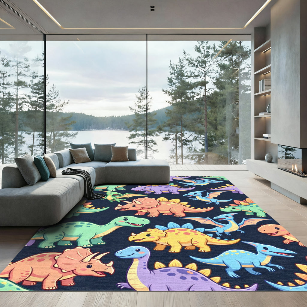 Playful Colorful Dinosaur Navy Backdrop Rug