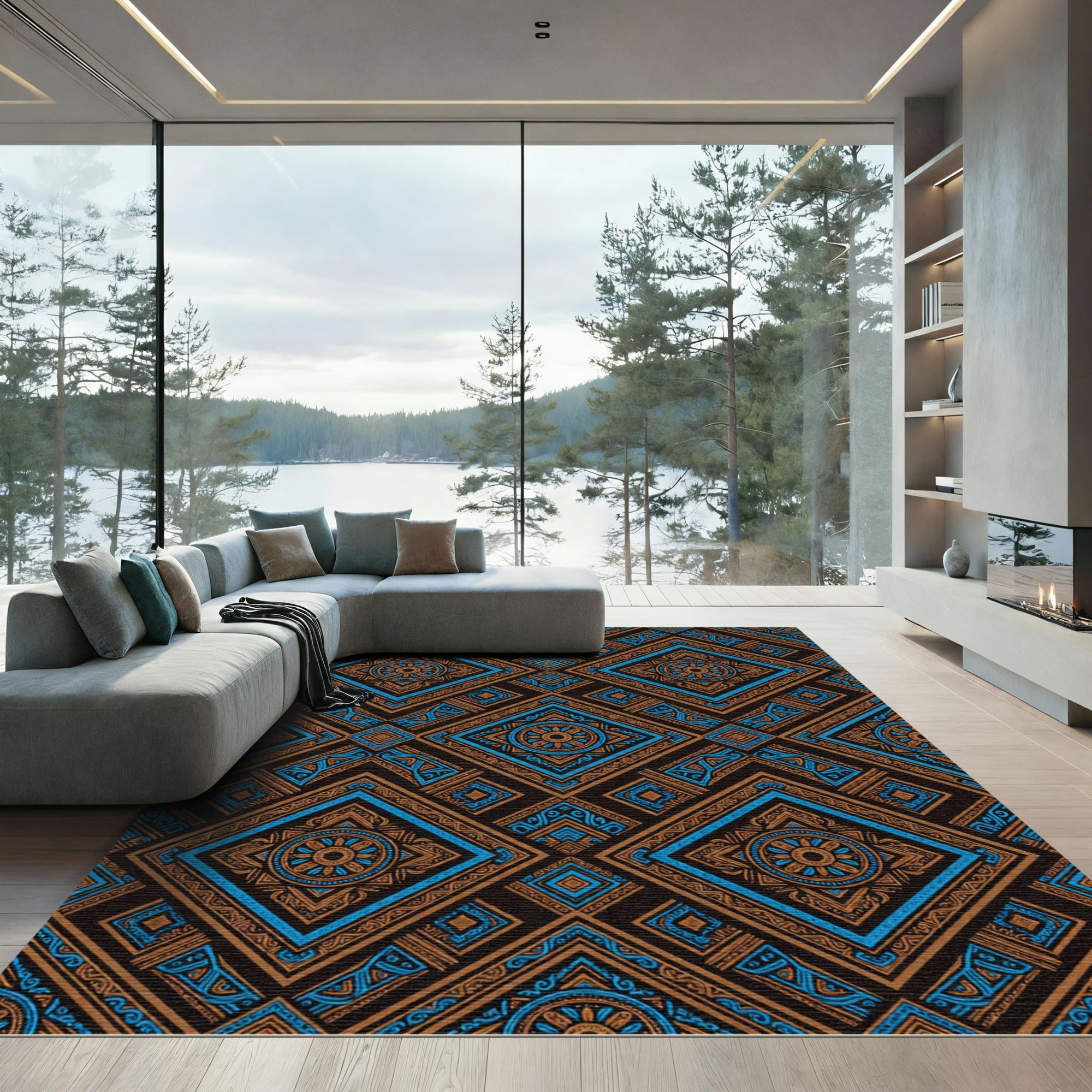 Geometric Indigo Amber Diamond Medallion Rug