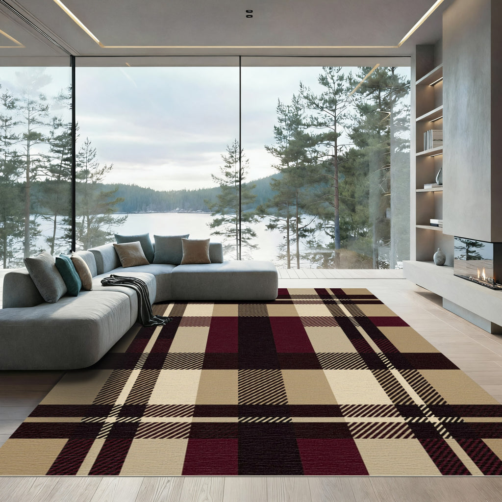 Classic Burgundy Tan Plaid Squares Rug
