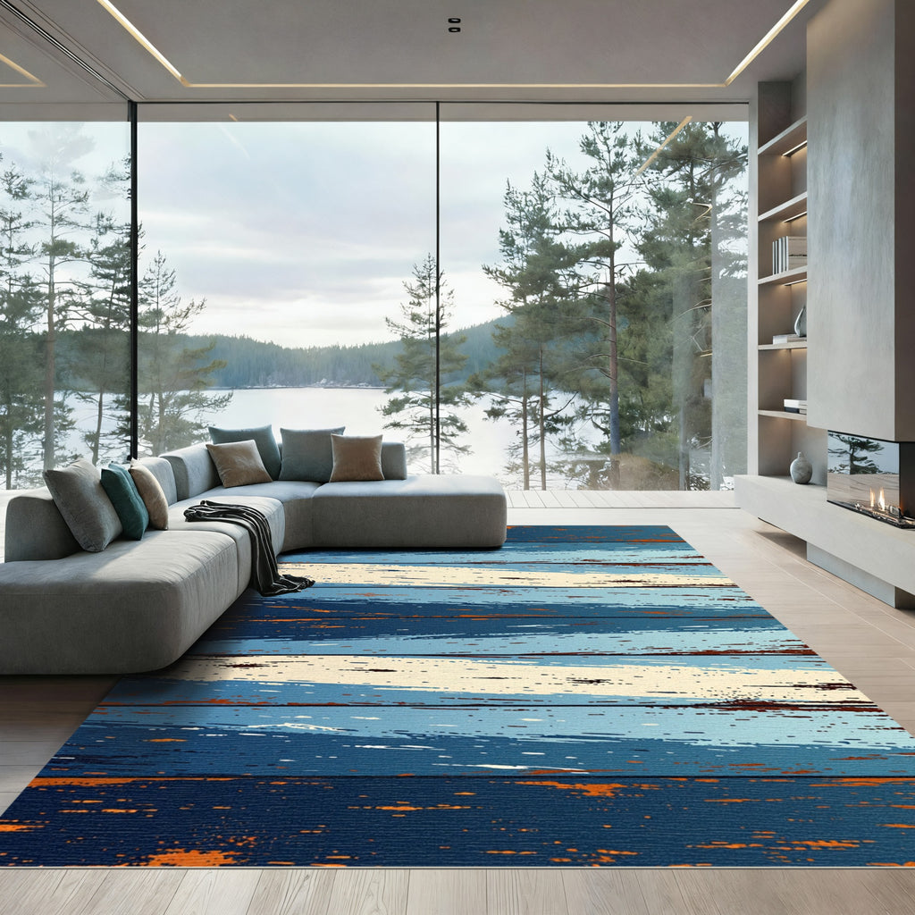 Distressed Indigo Blue Wood Grain Stripes Rug