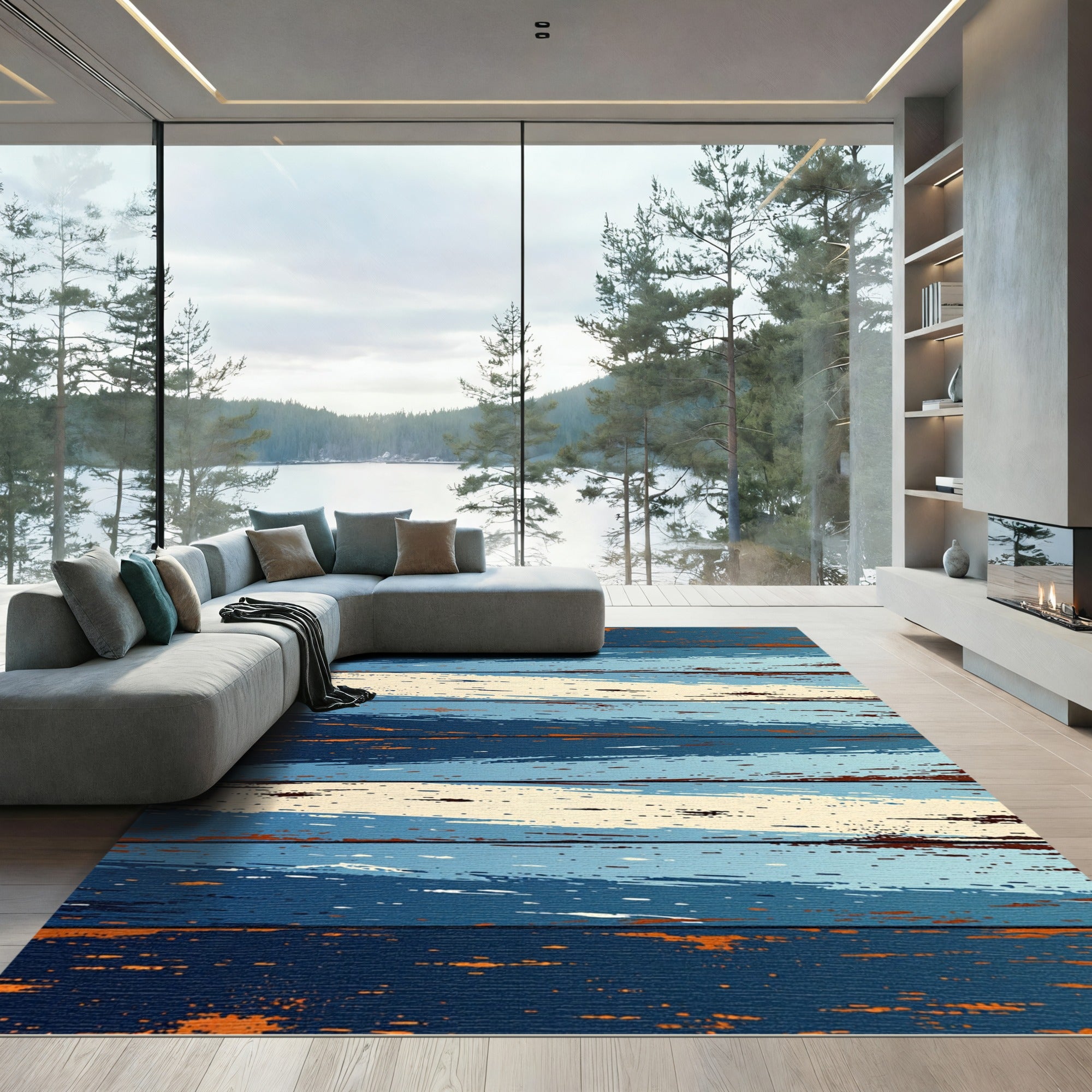 Distressed Indigo Blue Wood Grain Stripes Rug