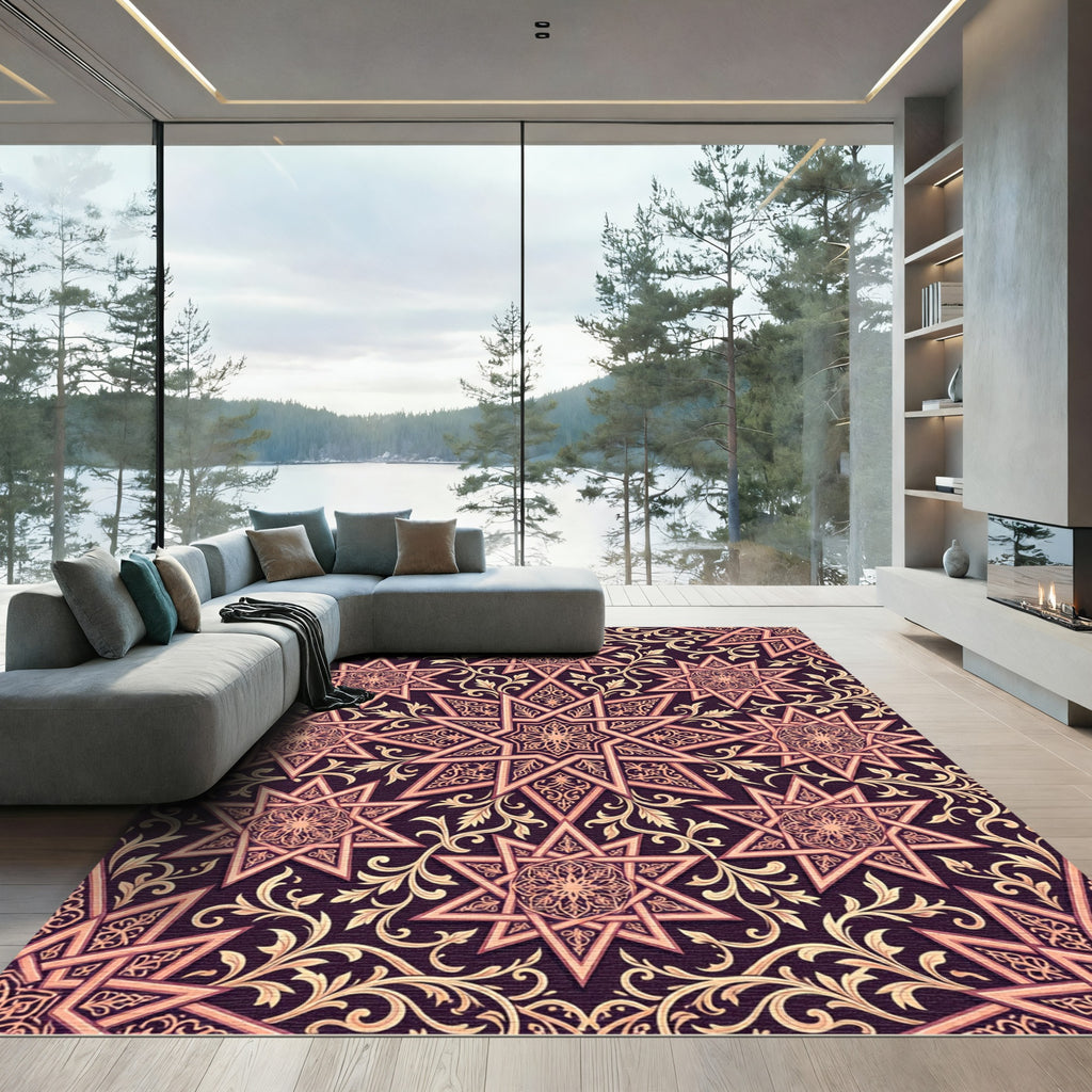 Burgundy Golden Star Intricate Filigree Rug