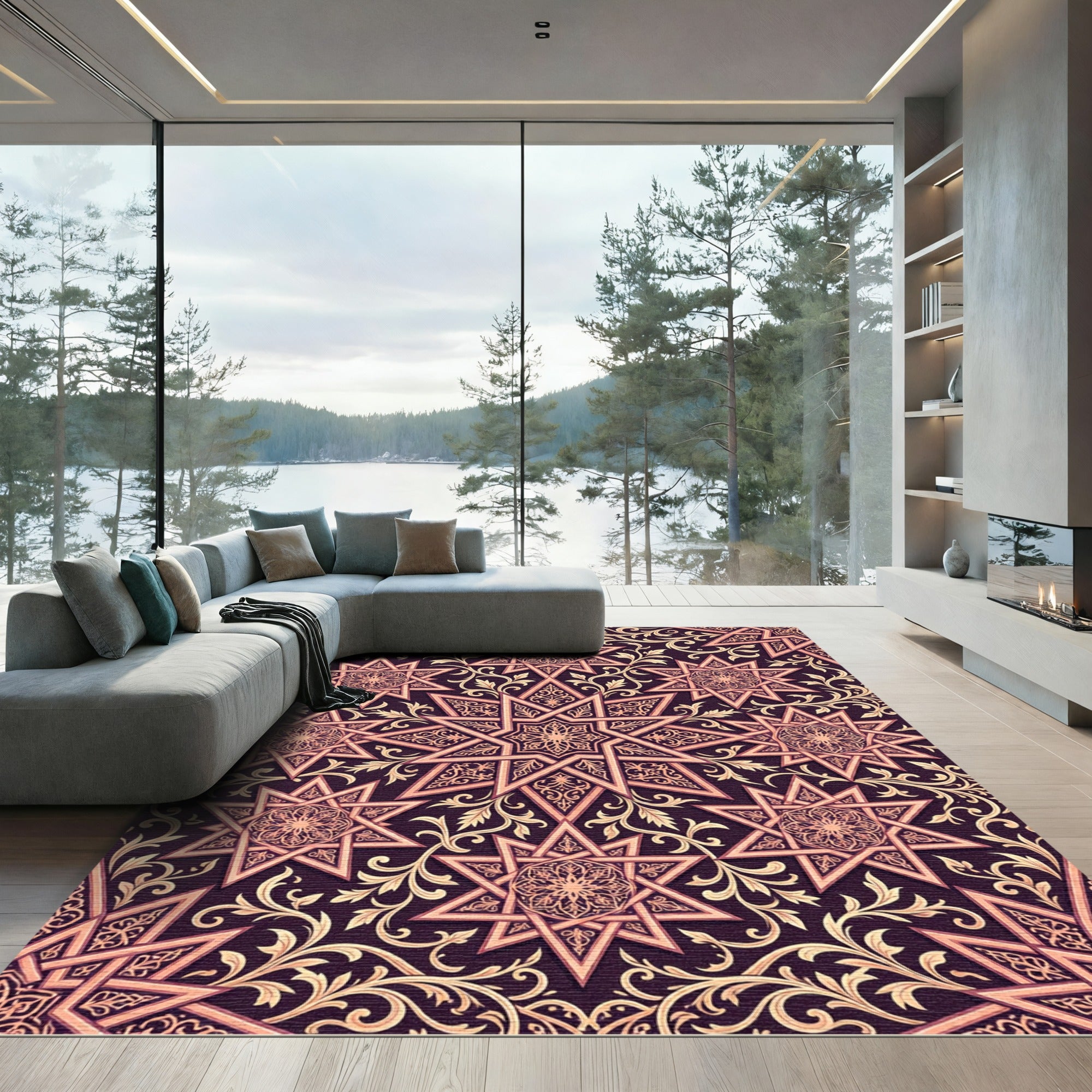 Burgundy Golden Star Intricate Filigree Rug