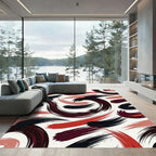 Modern Abstract Black Crimson Curved Brushstrokes Rug