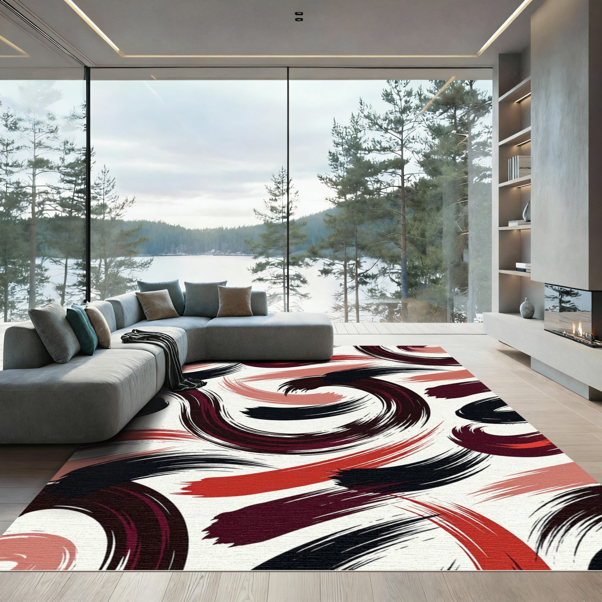 Modern Abstract Black Crimson Curved Brushstrokes Rug