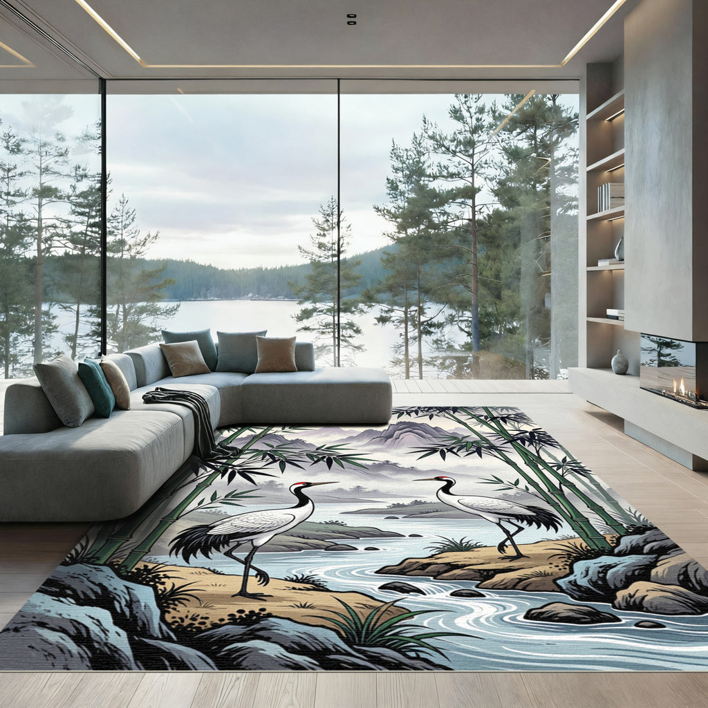 Zen Crane and Bamboo Mountain Landscape Rug