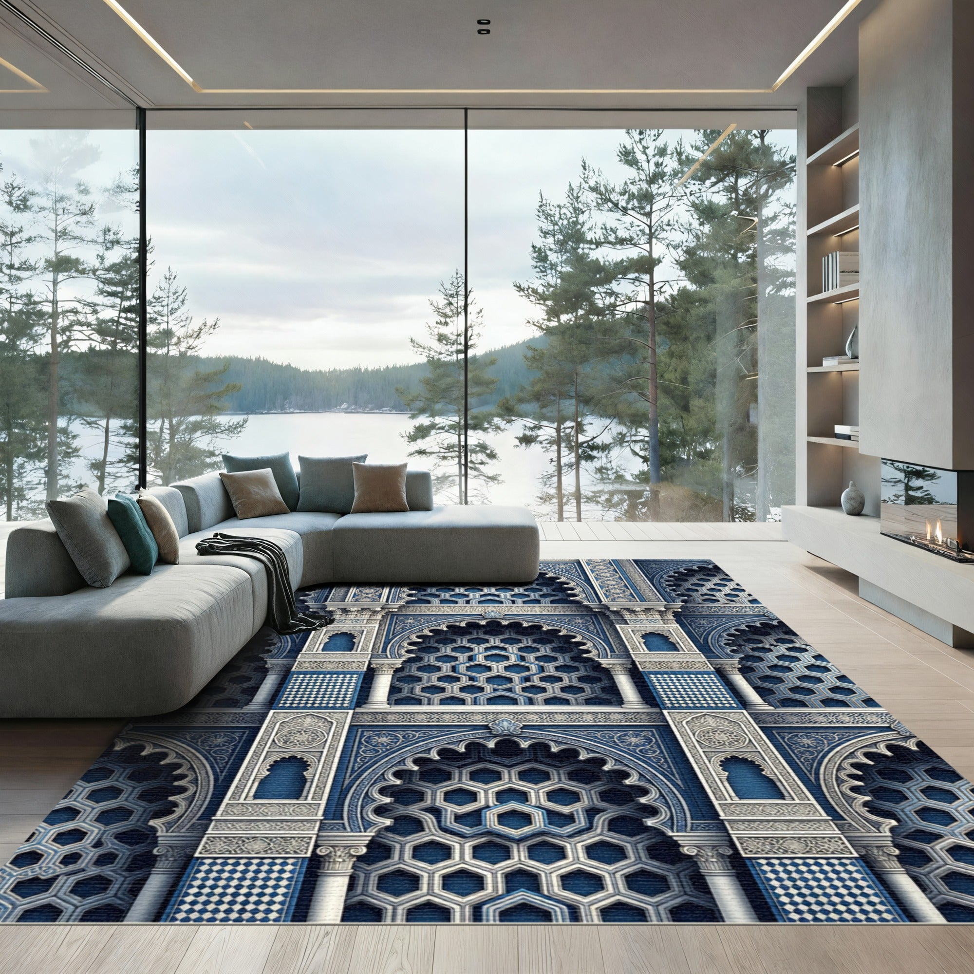Royal Blue Geometric Archway Court Rug