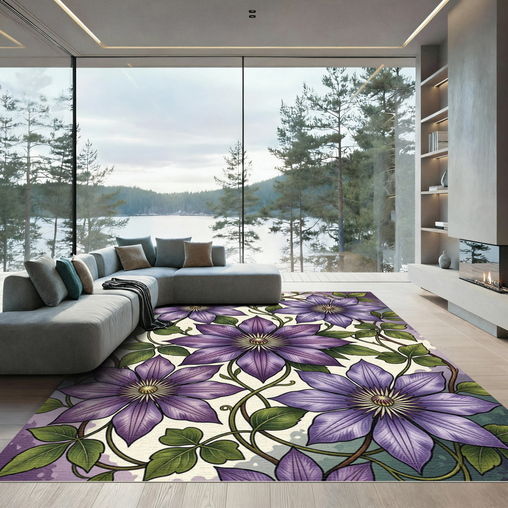 Vivid Purple Clematis Botanical Illustration Rug