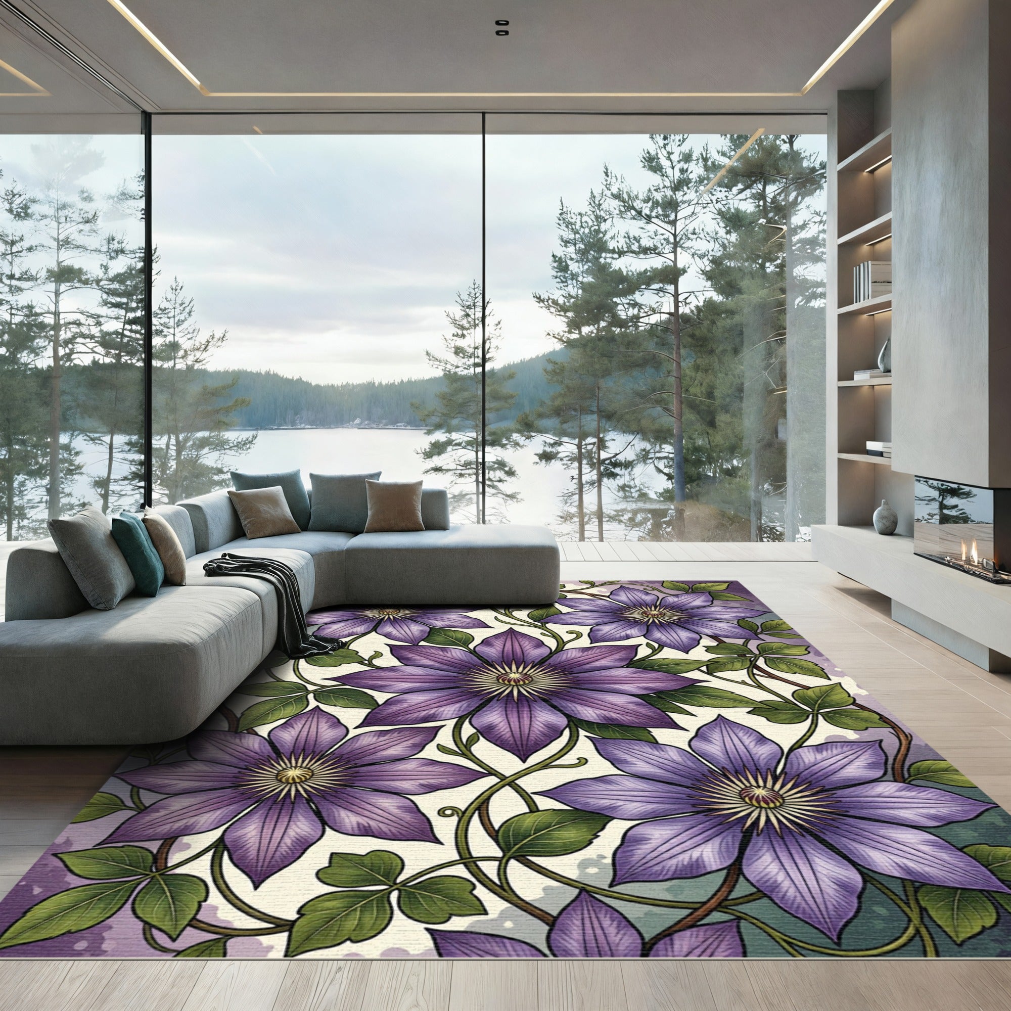 Vivid Purple Clematis Botanical Illustration Rug