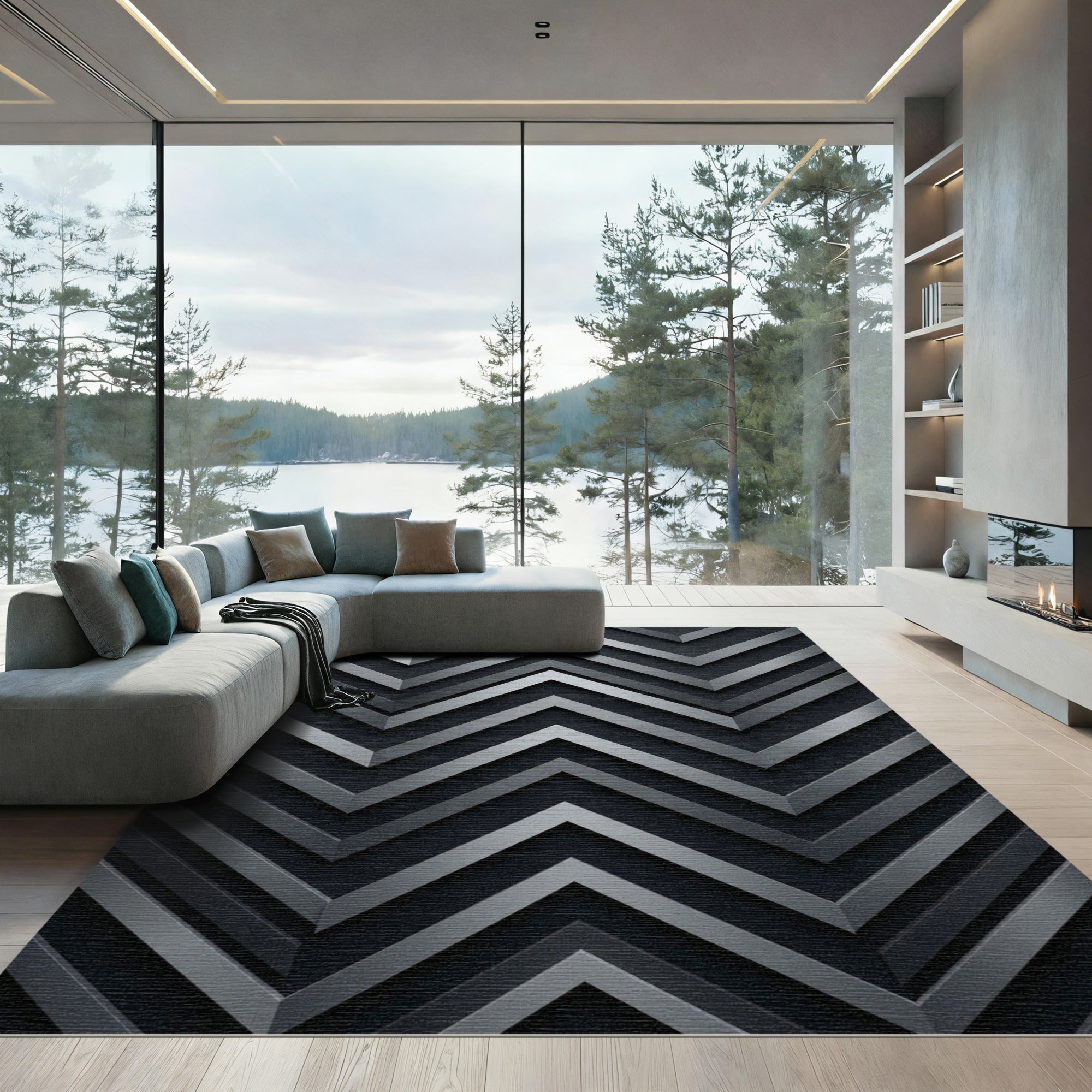 Sophisticated Charcoal Metallic Chevron Layered Rug