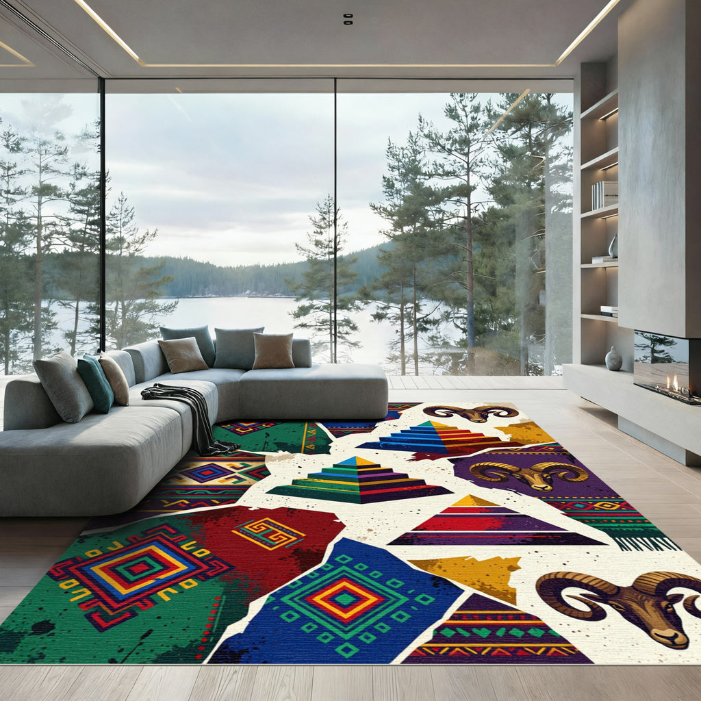 Vibrant Tribal Ram Pyramid Collage Rug
