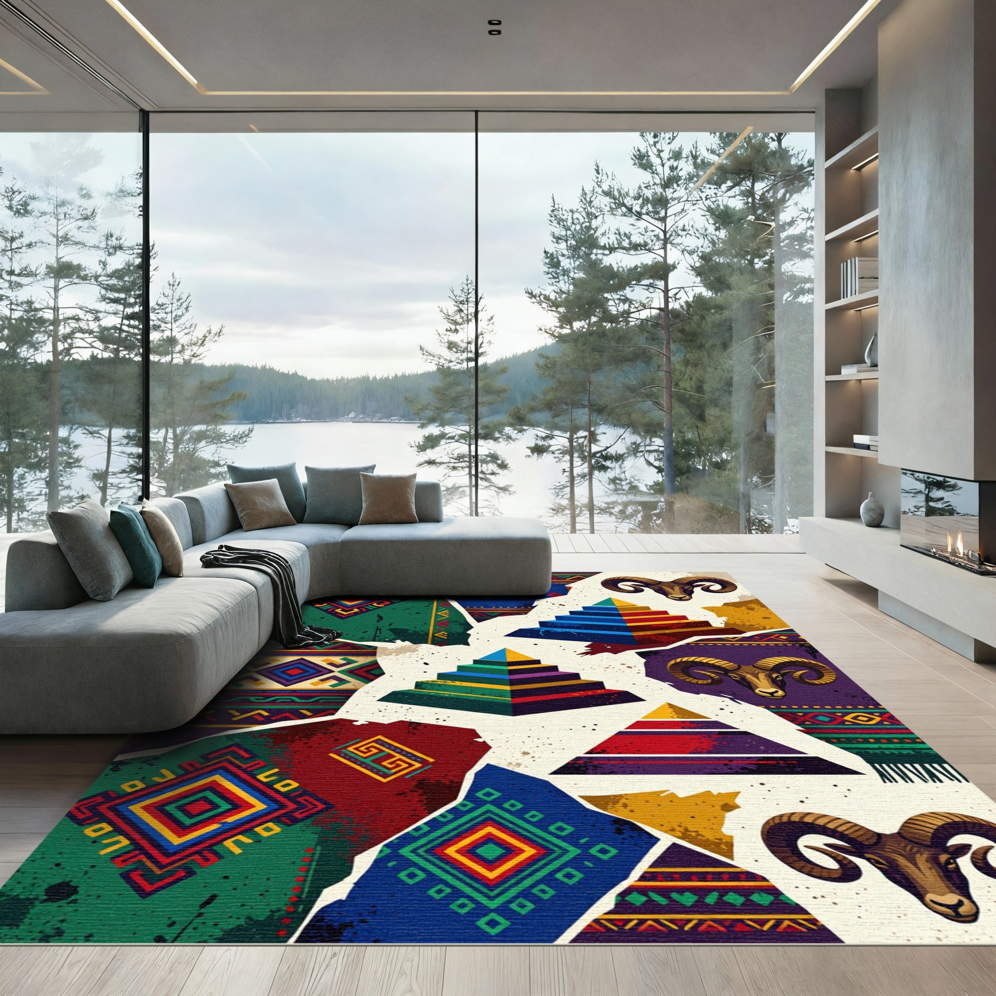 Vibrant Tribal Ram Pyramid Collage Rug