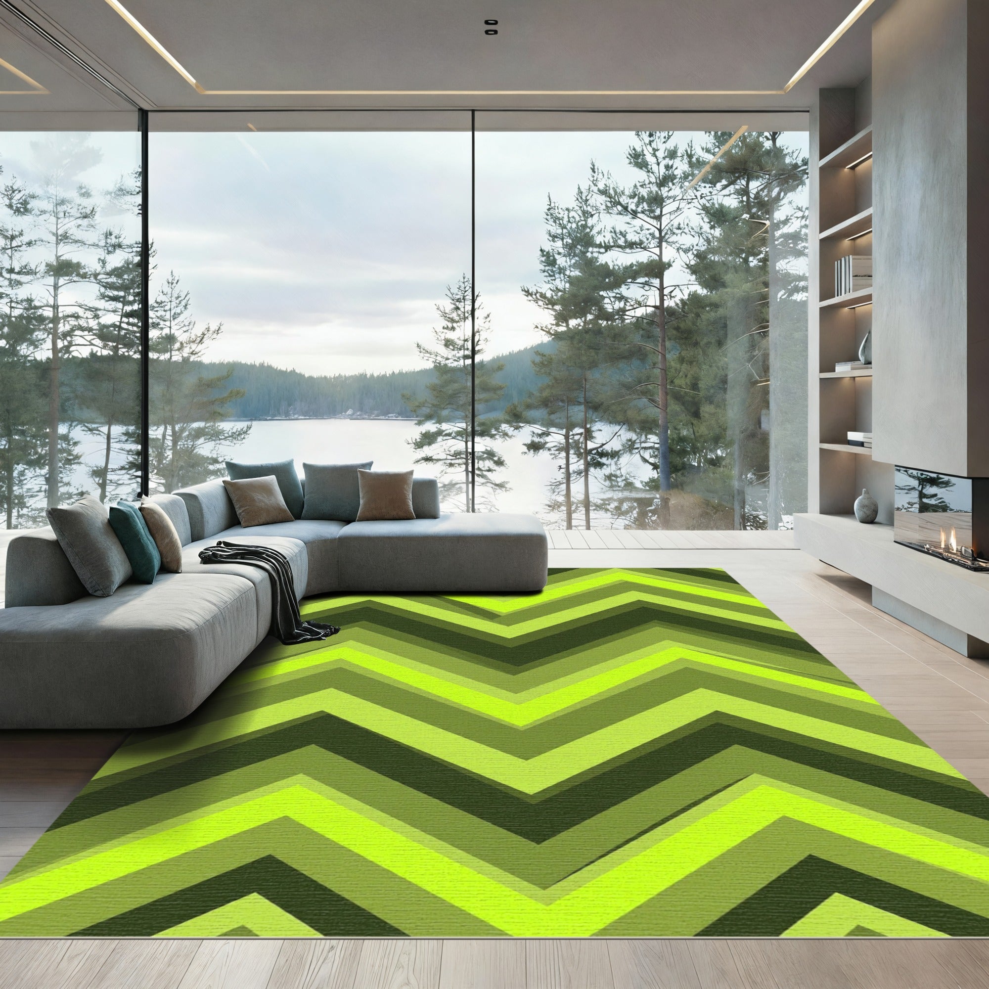Vibrant Lime Chevron Layered Stripe Rug