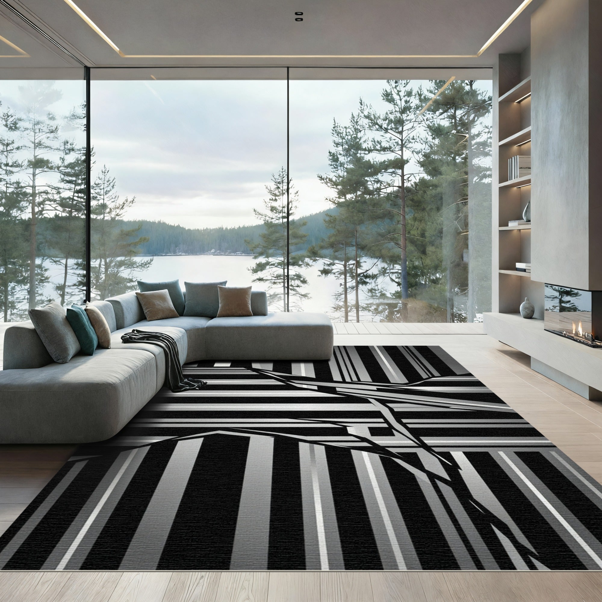 Modern Abstract Monochrome Linear Geometric Rug