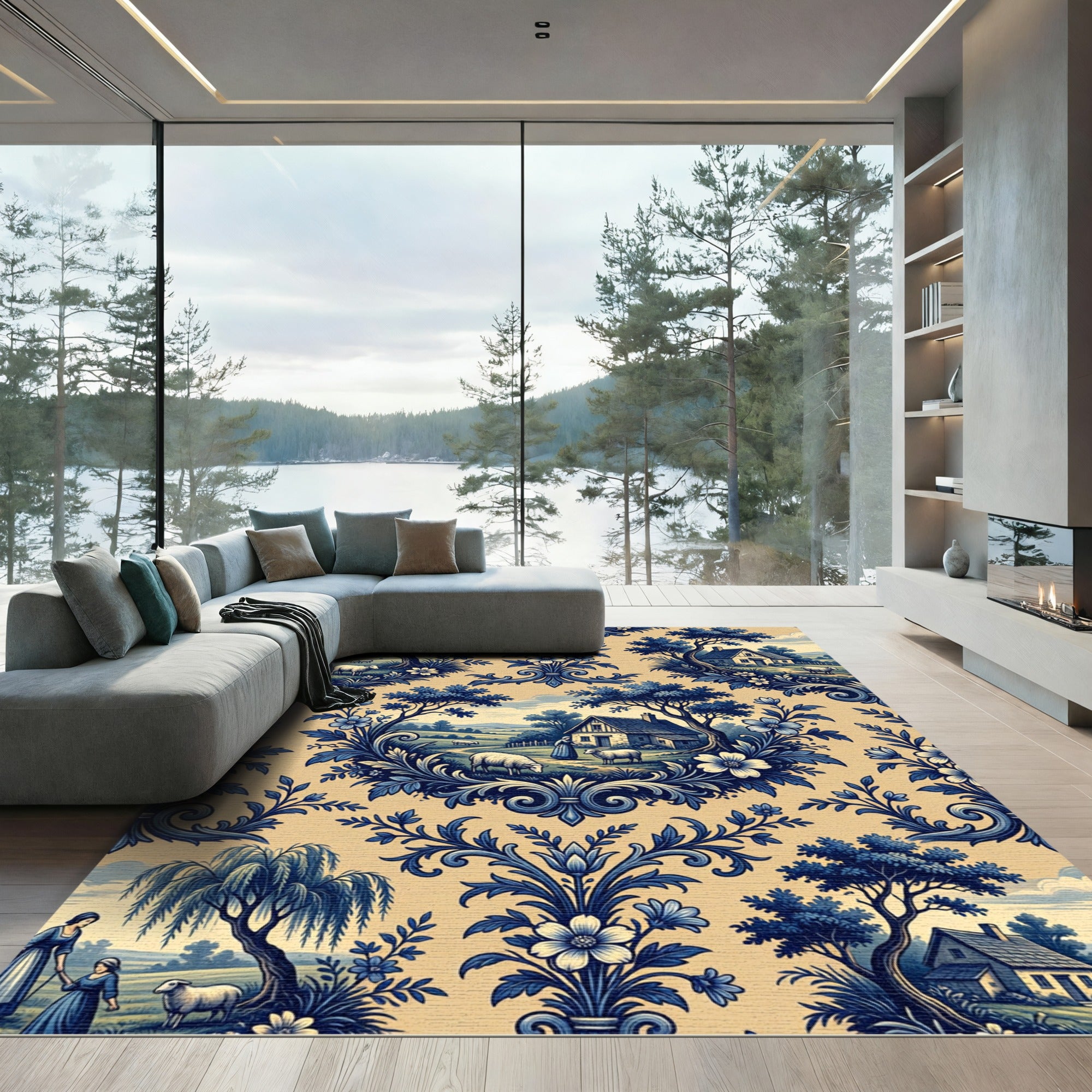 Blue Toile Countryside Pastoral Scenic Meadow Rug