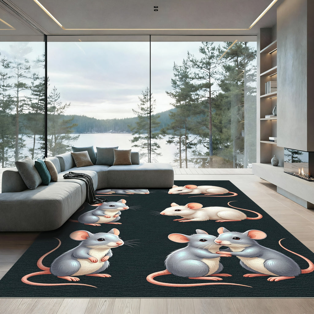 Whimsical Illustrative Gray and White Mice Rug