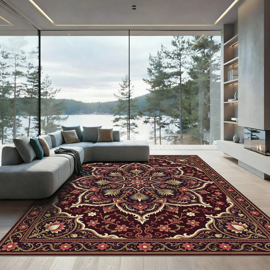 Deep Burgundy Floral Medallion Rug
