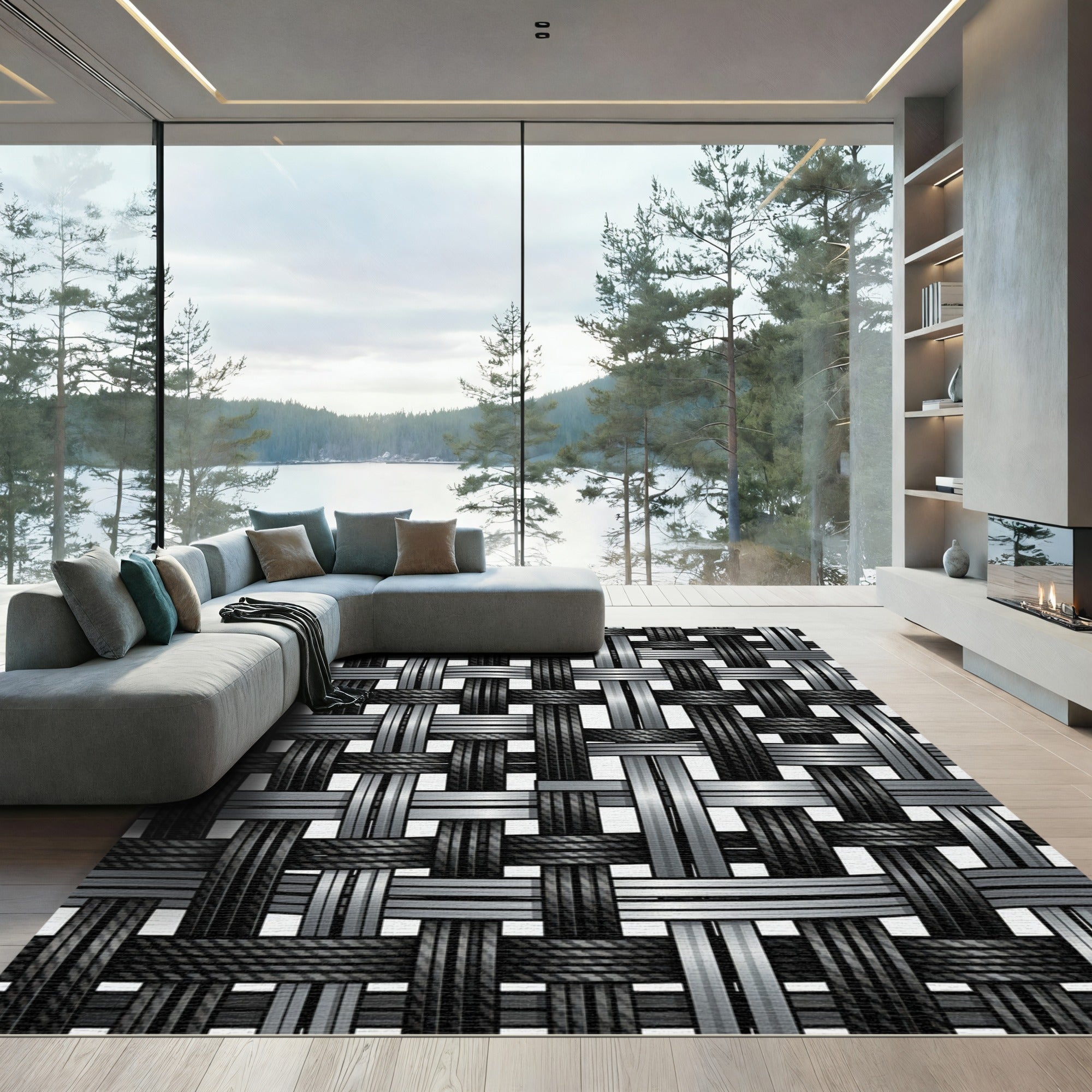 Metallic Silver Black Woven Interlace Rug