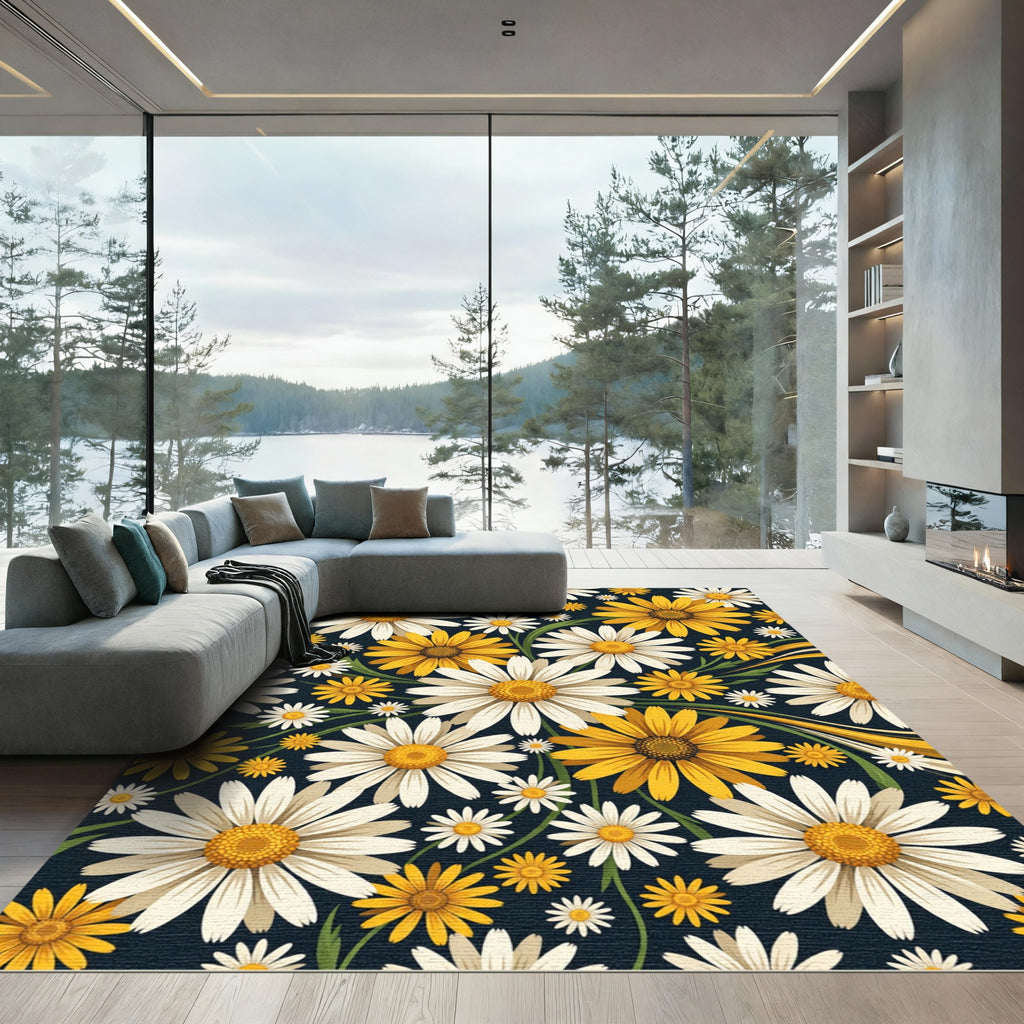 Vibrant Golden Daisy Floral Meadow Rug